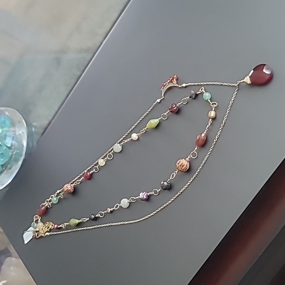 Carnelian Teardrop Pendant Necklace 14kt Gold Filled Half Moon with Dangles - Picture 7 of 8